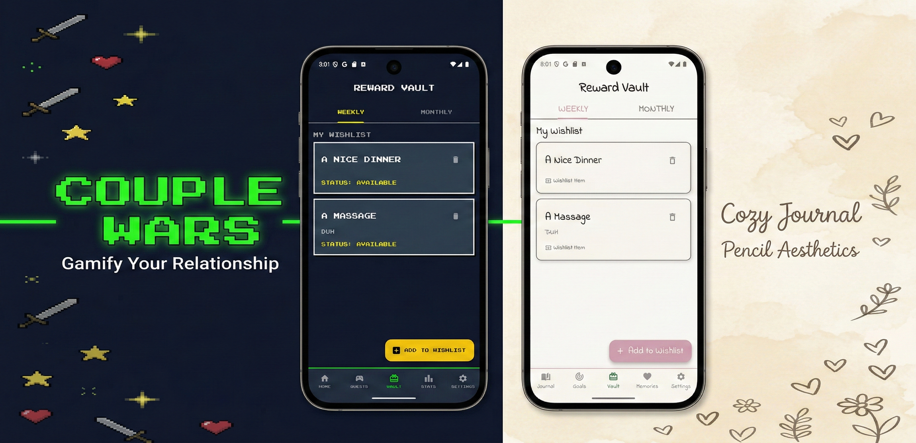 Couple Wars — Pixel and Cozy themes side by side